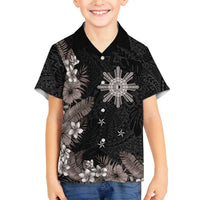 Tropical Hawaii and Philippines Family Matching Off Shoulder Short Dress and Hawaiian Shirt Kanaka Maoli and Sun Badge Batok Tattoo Grayscale LT03 Son's Shirt Black - Polynesian Pride