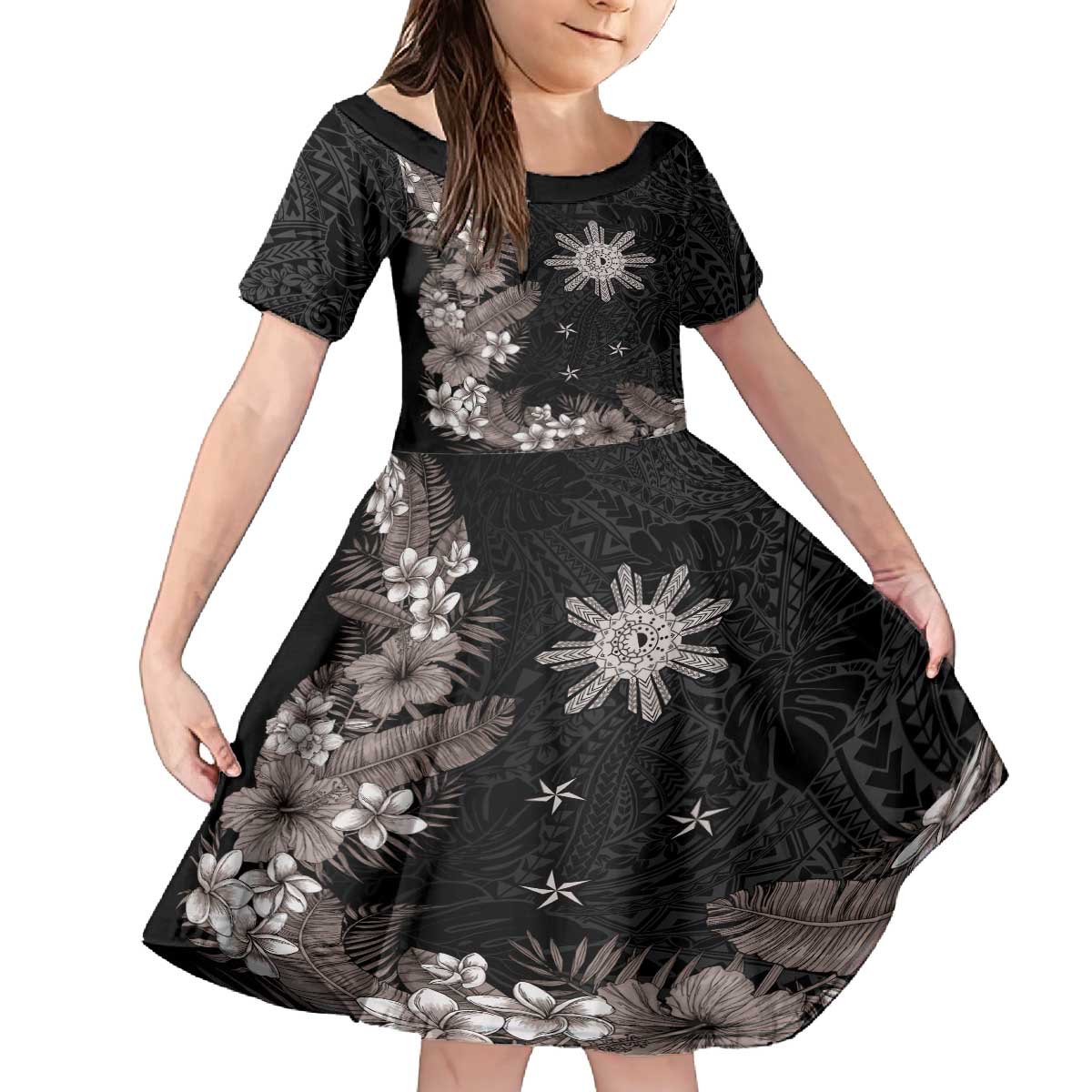 Tropical Hawaii and Philippines Family Matching Puletasi and Hawaiian Shirt Kanaka Maoli and Sun Badge Batok Tattoo Grayscale LT03 Daughter's Dress Black - Polynesian Pride