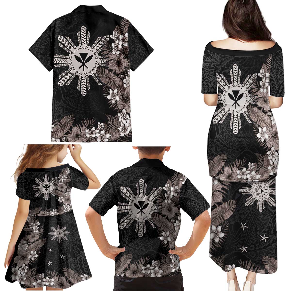 Tropical Hawaii and Philippines Family Matching Puletasi and Hawaiian Shirt Kanaka Maoli and Sun Badge Batok Tattoo Grayscale LT03 - Polynesian Pride