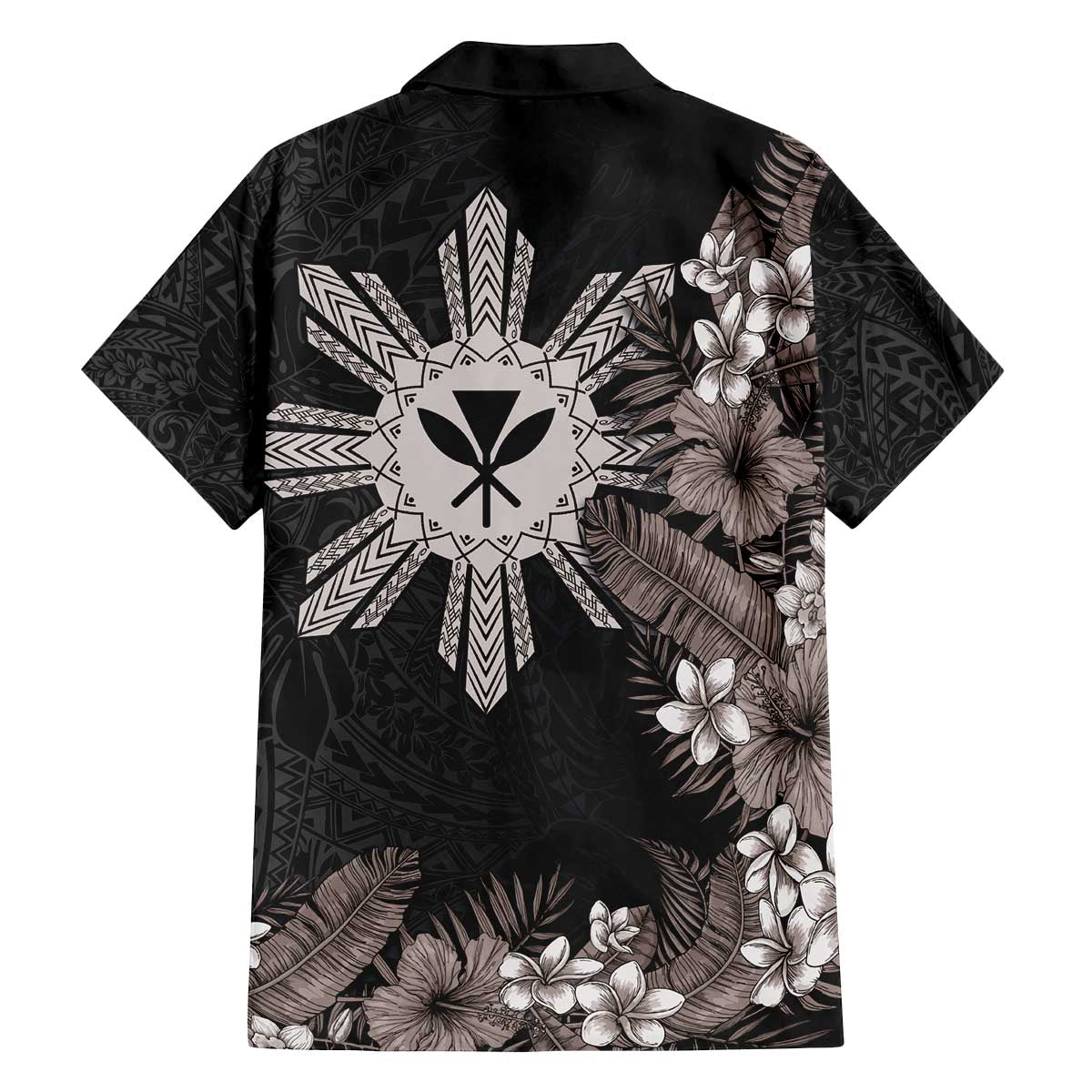 Tropical Hawaii and Philippines Family Matching Puletasi and Hawaiian Shirt Kanaka Maoli and Sun Badge Batok Tattoo Grayscale LT03 - Polynesian Pride