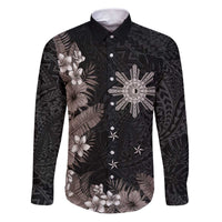 Tropical Hawaii and Philippines Family Matching Puletasi and Hawaiian Shirt Kanaka Maoli and Sun Badge Batok Tattoo Grayscale LT03 Dad's Shirt - Long Sleeve Black - Polynesian Pride
