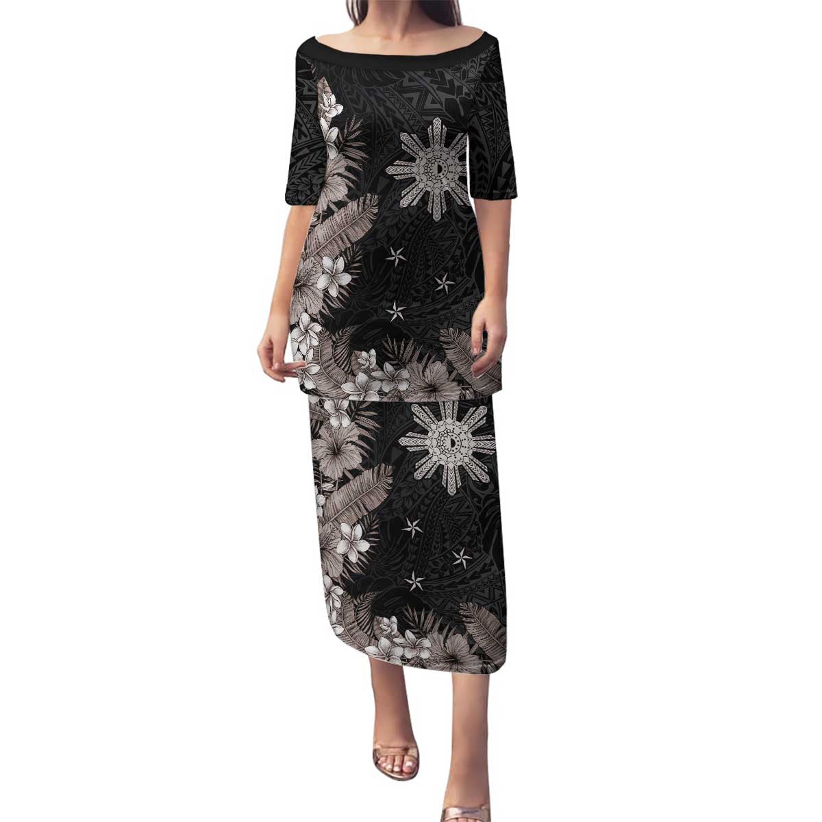 Tropical Hawaii and Philippines Family Matching Puletasi and Hawaiian Shirt Kanaka Maoli and Sun Badge Batok Tattoo Grayscale LT03 Mom's Dress Black - Polynesian Pride