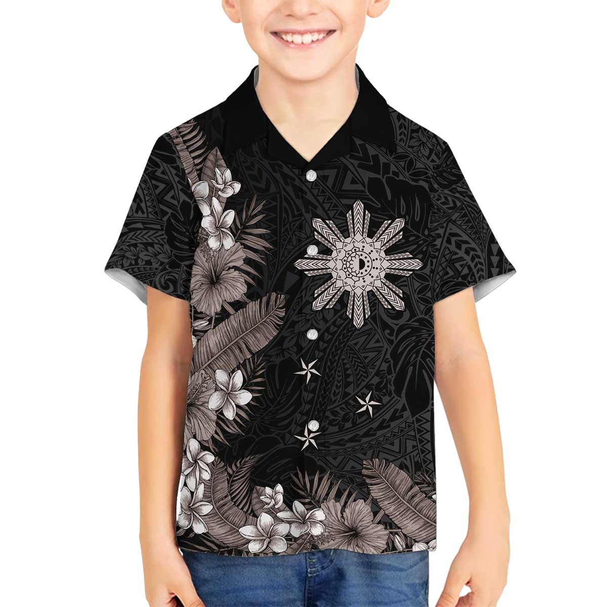 Tropical Hawaii and Philippines Family Matching Puletasi and Hawaiian Shirt Kanaka Maoli and Sun Badge Batok Tattoo Grayscale LT03 Son's Shirt Black - Polynesian Pride