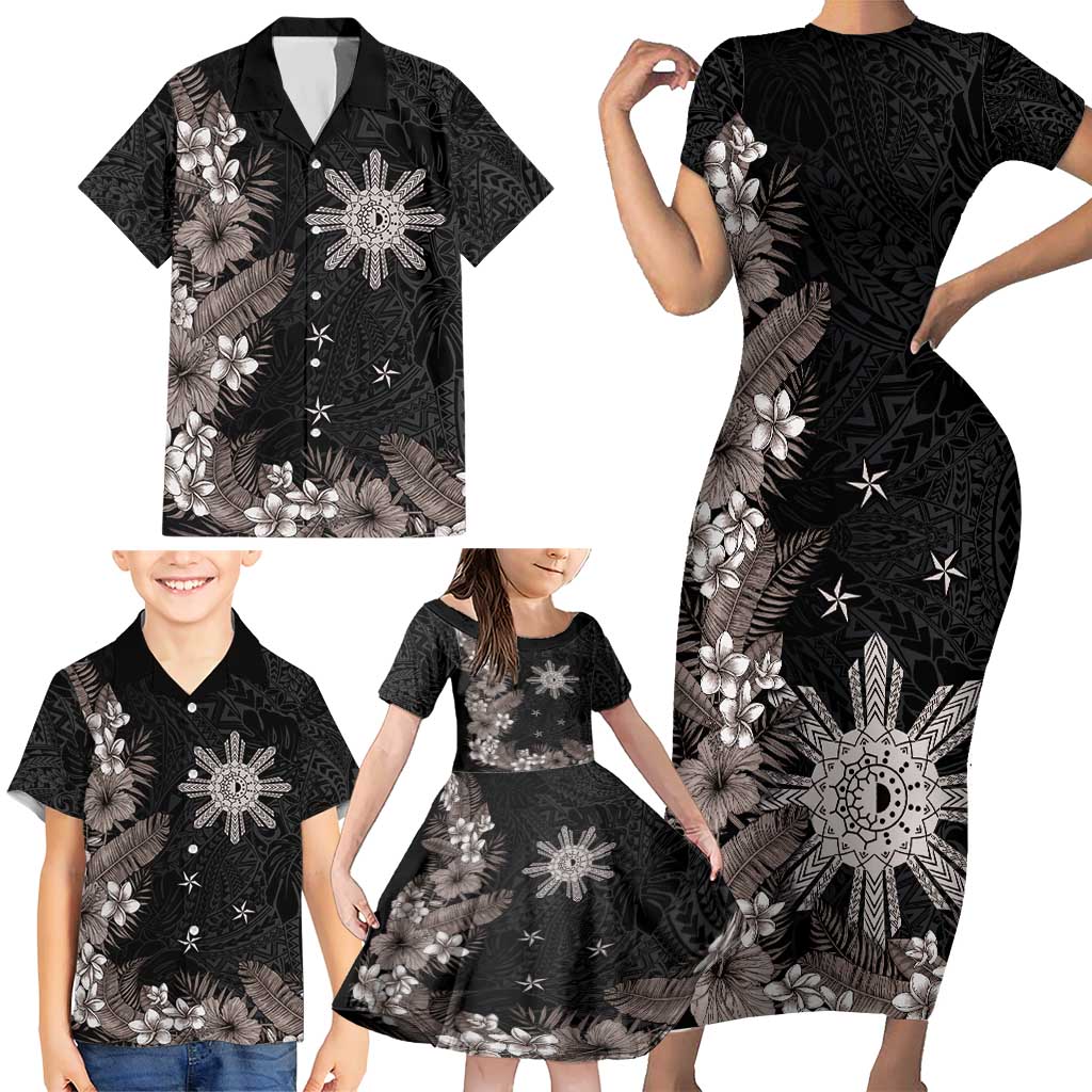 Tropical Hawaii and Philippines Family Matching Short Sleeve Bodycon Dress and Hawaiian Shirt Kanaka Maoli and Sun Badge Batok Tattoo Grayscale LT03 - Polynesian Pride