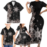 Tropical Hawaii and Philippines Family Matching Short Sleeve Bodycon Dress and Hawaiian Shirt Kanaka Maoli and Sun Badge Batok Tattoo Grayscale LT03 - Polynesian Pride