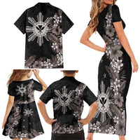 Tropical Hawaii and Philippines Family Matching Short Sleeve Bodycon Dress and Hawaiian Shirt Kanaka Maoli and Sun Badge Batok Tattoo Grayscale LT03 - Polynesian Pride
