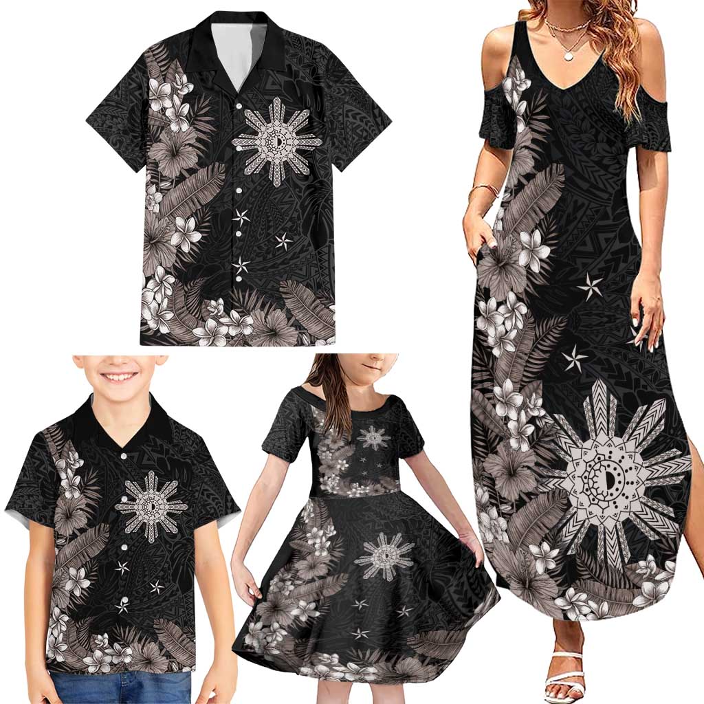 Tropical Hawaii and Philippines Family Matching Summer Maxi Dress and Hawaiian Shirt Kanaka Maoli and Sun Badge Batok Tattoo Grayscale LT03 - Polynesian Pride