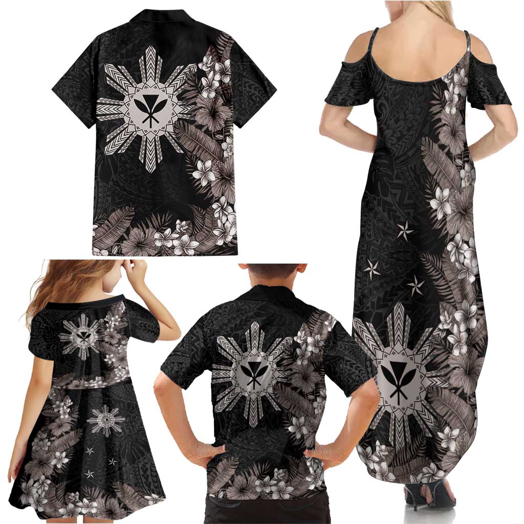 Tropical Hawaii and Philippines Family Matching Summer Maxi Dress and Hawaiian Shirt Kanaka Maoli and Sun Badge Batok Tattoo Grayscale LT03 - Polynesian Pride
