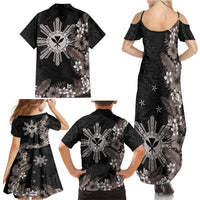 Tropical Hawaii and Philippines Family Matching Summer Maxi Dress and Hawaiian Shirt Kanaka Maoli and Sun Badge Batok Tattoo Grayscale LT03 - Polynesian Pride