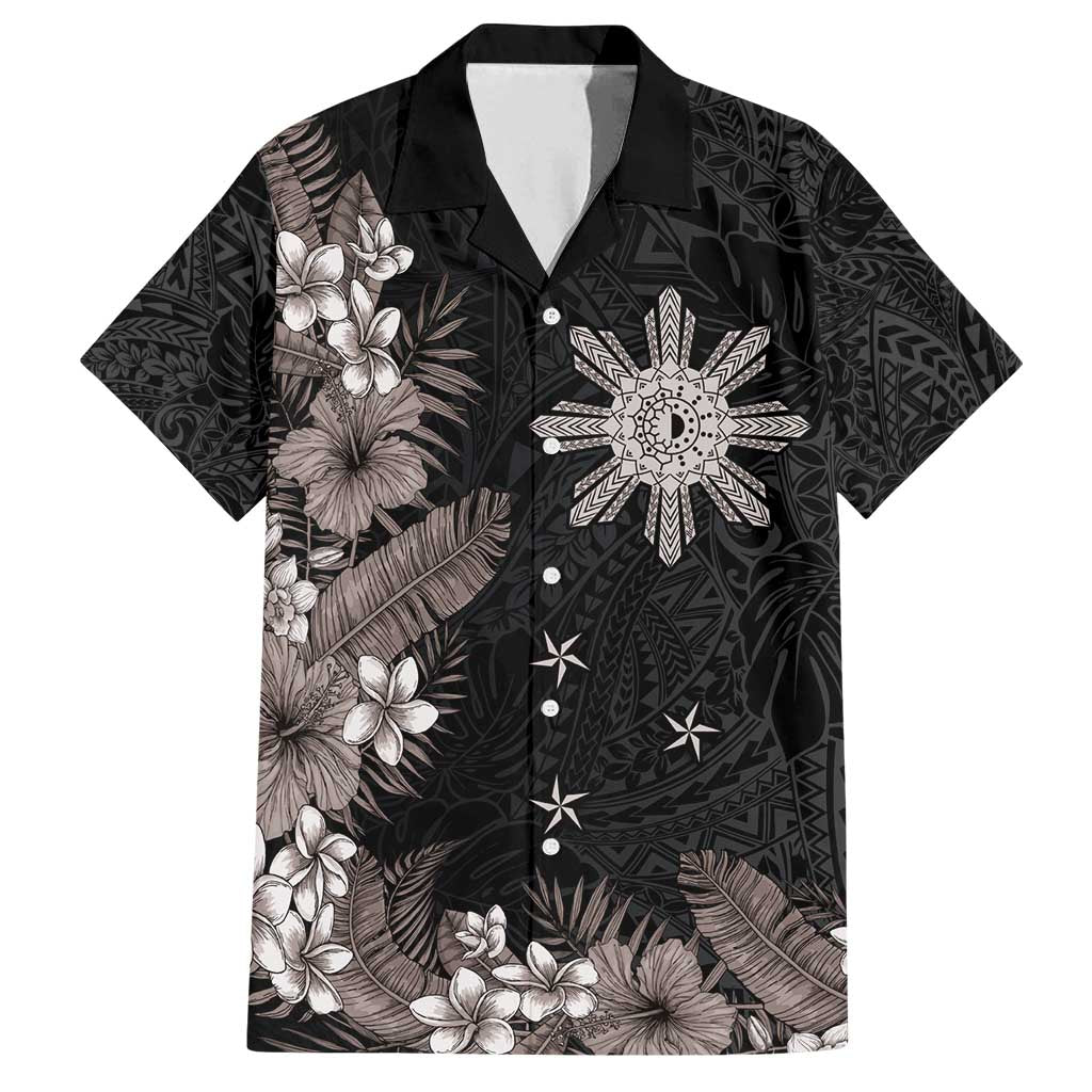 Tropical Hawaii and Philippines Family Matching Summer Maxi Dress and Hawaiian Shirt Kanaka Maoli and Sun Badge Batok Tattoo Grayscale LT03 Dad's Shirt - Short Sleeve Black - Polynesian Pride