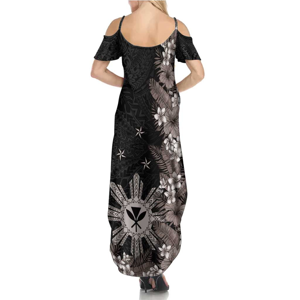 Tropical Hawaii and Philippines Family Matching Summer Maxi Dress and Hawaiian Shirt Kanaka Maoli and Sun Badge Batok Tattoo Grayscale LT03 - Polynesian Pride