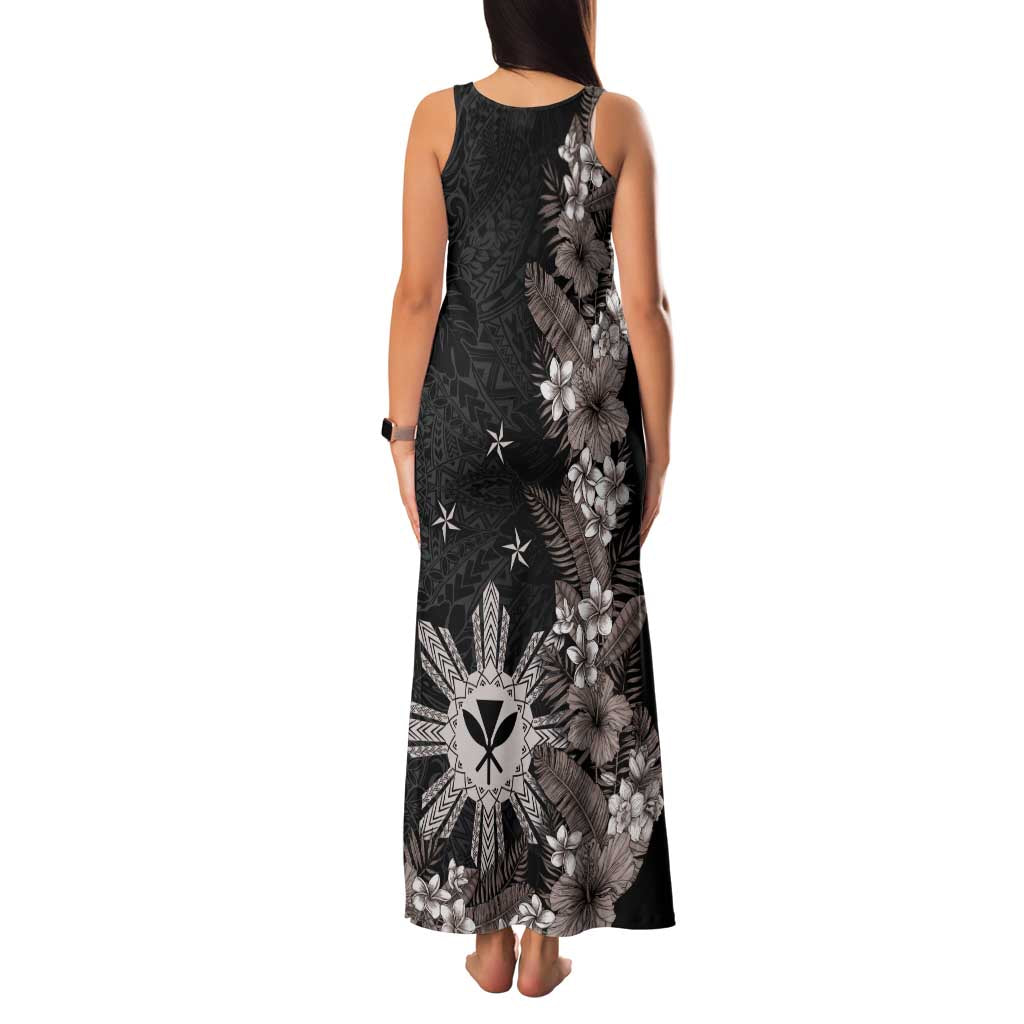 Tropical Hawaii and Philippines Family Matching Tank Maxi Dress and Hawaiian Shirt Kanaka Maoli and Sun Badge Batok Tattoo Grayscale LT03 - Polynesian Pride