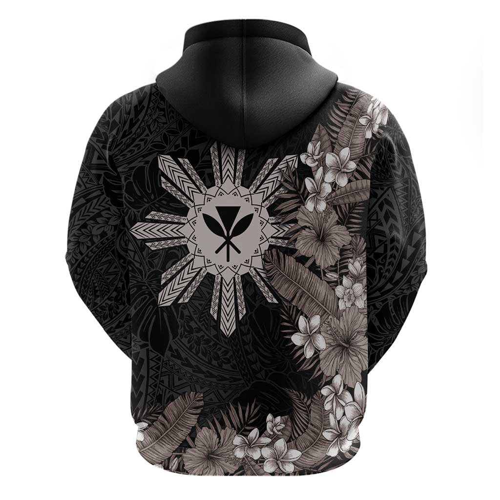 Tropical Hawaii and Philippines Hoodie Kanaka Maoli and Sun Badge Batok Tattoo Grayscale
