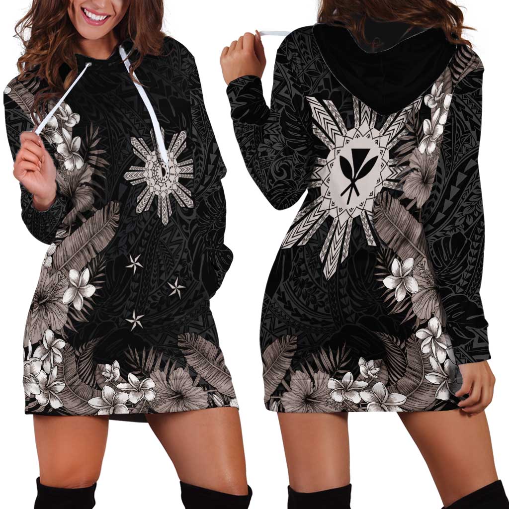 Tropical Hawaii and Philippines Hoodie Dress Kanaka Maoli and Sun Badge Batok Tattoo Grayscale LT03 - Polynesian Pride