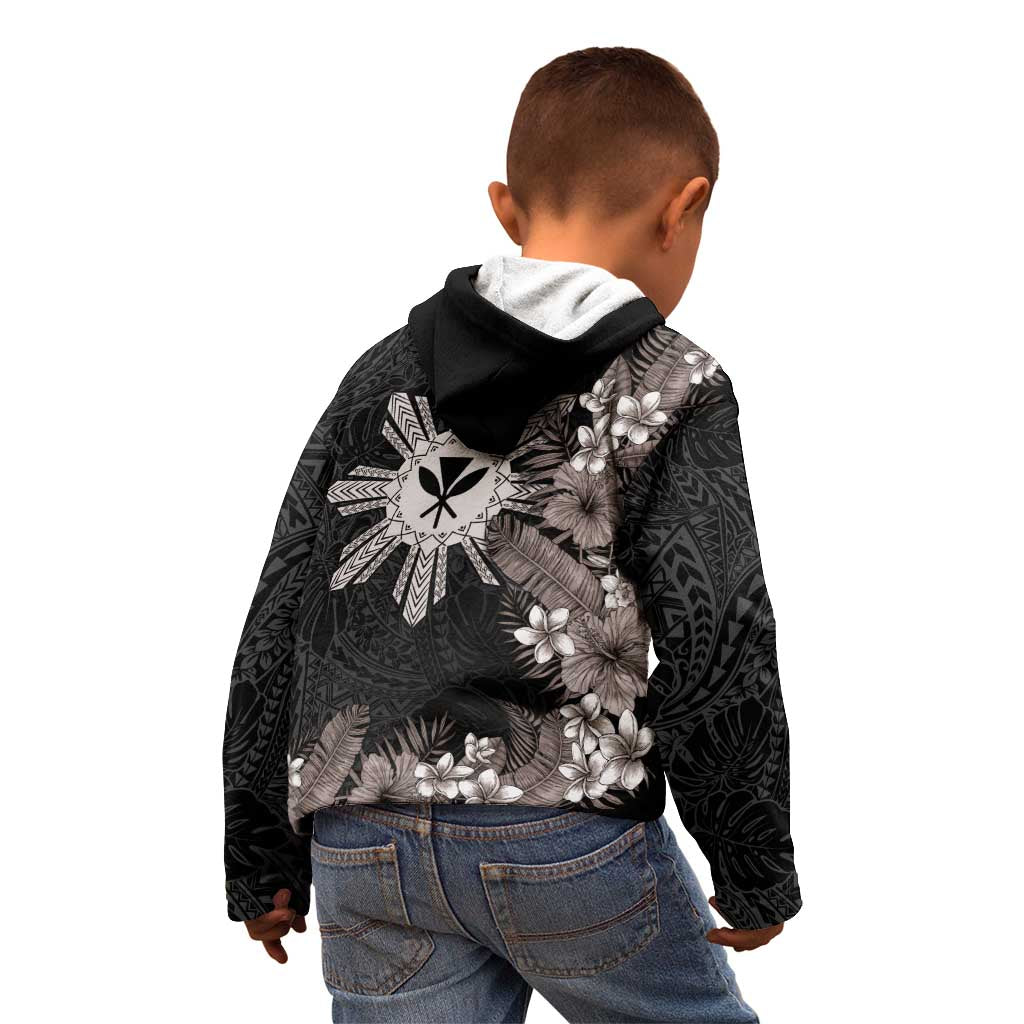 Tropical Hawaii and Philippines Kid Hoodie Kanaka Maoli and Sun Badge Batok Tattoo Grayscale