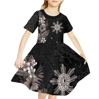 Tropical Hawaii and Philippines Kid Short Sleeve Dress Kanaka Maoli and Sun Badge Batok Tattoo Grayscale