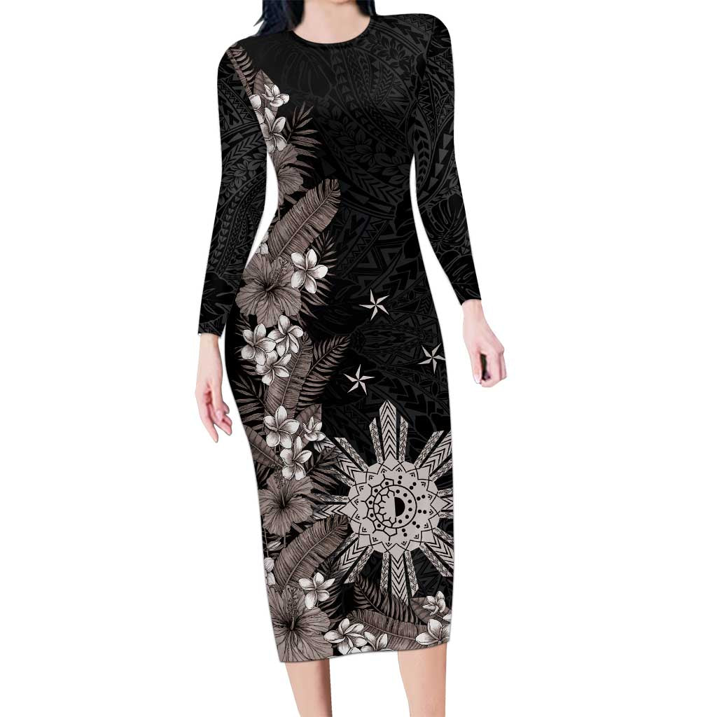 Tropical Hawaii and Philippines Long Sleeve Bodycon Dress Kanaka Maoli and Sun Badge Batok Tattoo Grayscale LT03 Long Dress Black - Polynesian Pride