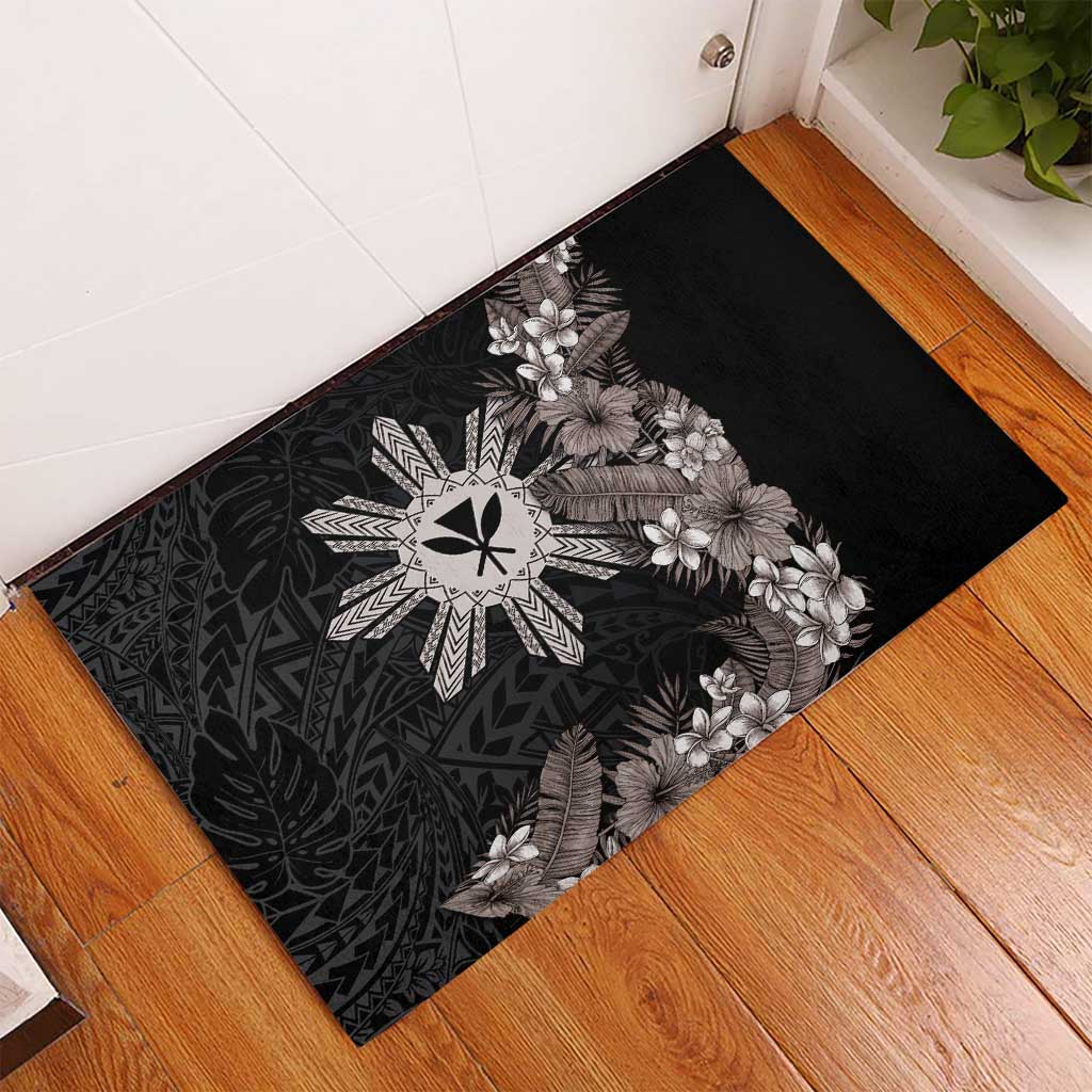 Tropical Hawaii and Philippines Rubber Doormat Kanaka Maoli and Sun Badge Batok Tattoo Grayscale