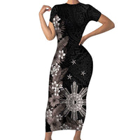 Tropical Hawaii and Philippines Short Sleeve Bodycon Dress Kanaka Maoli and Sun Badge Batok Tattoo Grayscale LT03 Long Dress Black - Polynesian Pride