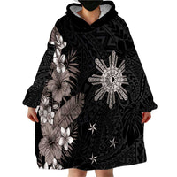 Tropical Hawaii and Philippines Wearable Blanket Hoodie Kanaka Maoli and Sun Badge Batok Tattoo Grayscale LT03 - Polynesian Pride