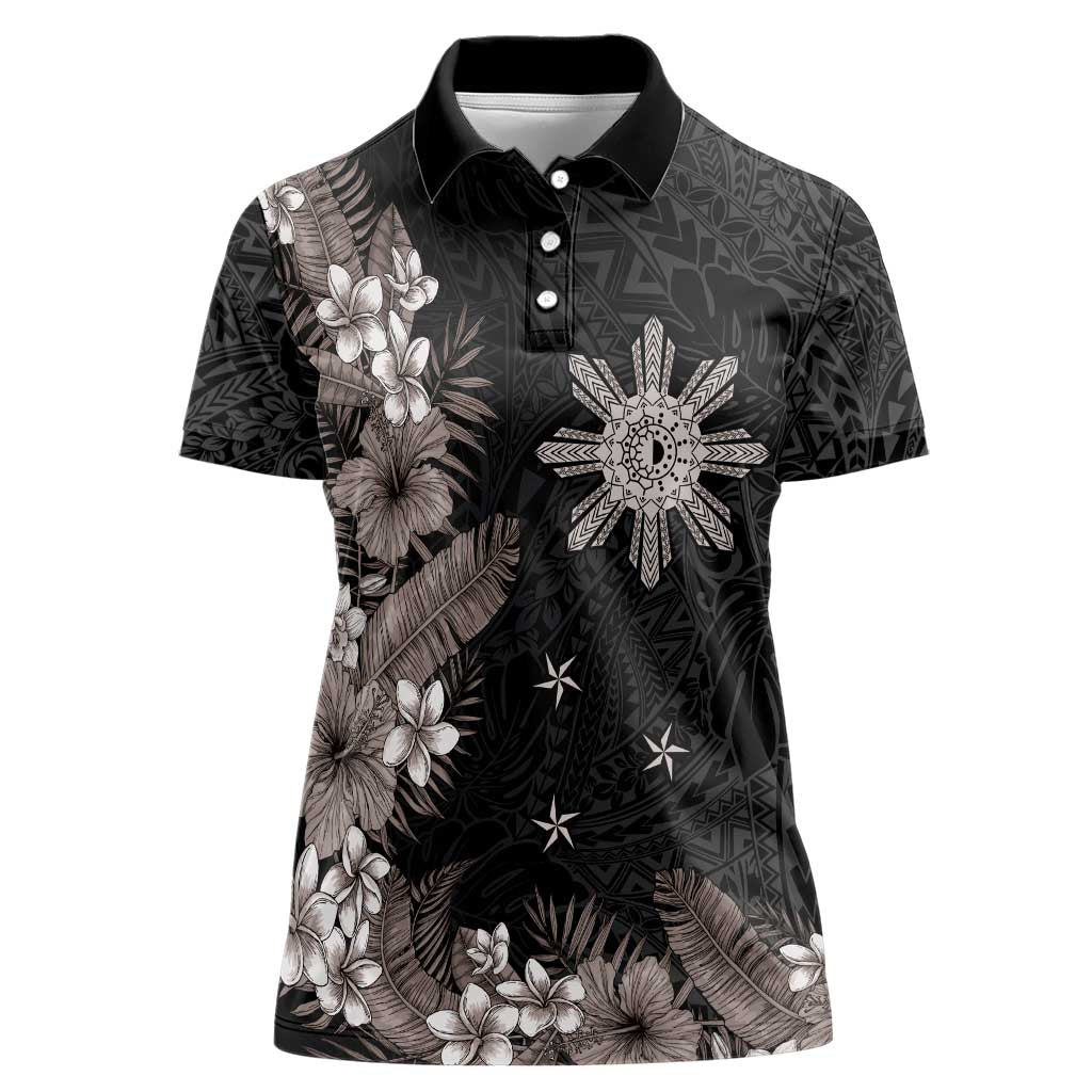 Tropical Hawaii and Philippines Women Polo Shirt Kanaka Maoli and Sun Badge Batok Tattoo Grayscale LT03 Female Black - Polynesian Pride