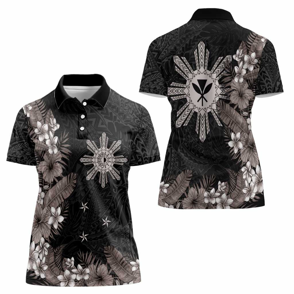 Tropical Hawaii and Philippines Women Polo Shirt Kanaka Maoli and Sun Badge Batok Tattoo Grayscale LT03 - Polynesian Pride