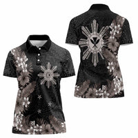Tropical Hawaii and Philippines Women Polo Shirt Kanaka Maoli and Sun Badge Batok Tattoo Grayscale LT03 - Polynesian Pride