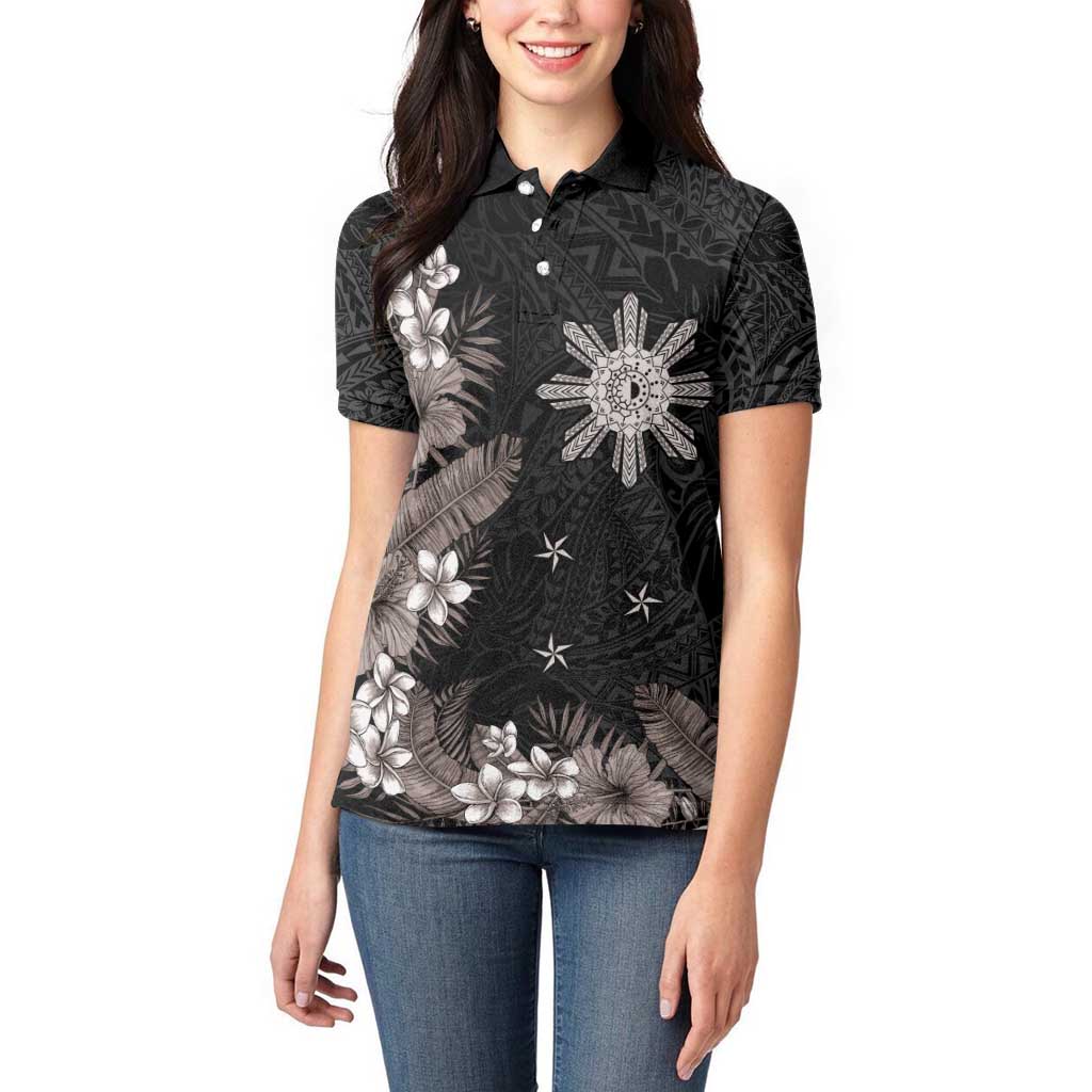 Tropical Hawaii and Philippines Women Polo Shirt Kanaka Maoli and Sun Badge Batok Tattoo Grayscale LT03 - Polynesian Pride
