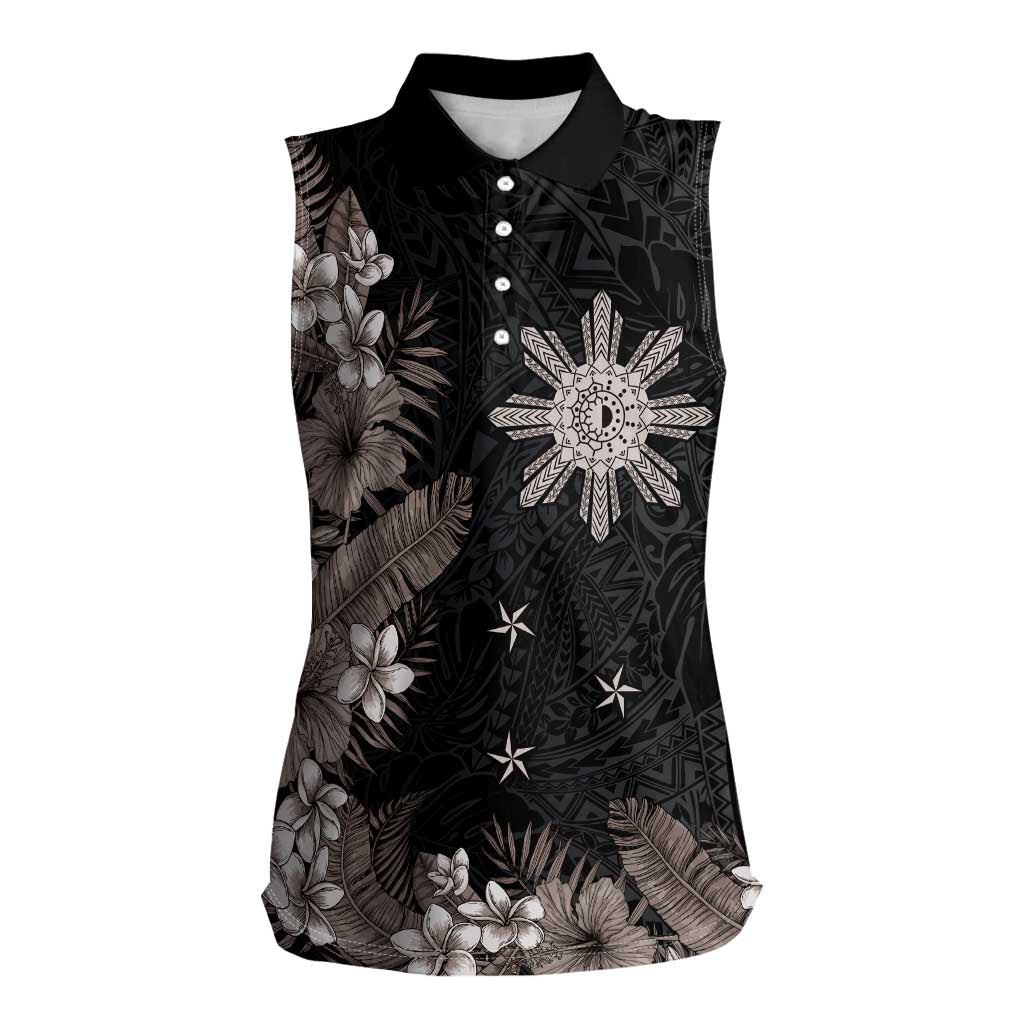 Tropical Hawaii and Philippines Women Sleeveless Polo Shirt Kanaka Maoli and Sun Badge Batok Tattoo Grayscale LT03 Female Black - Polynesian Pride