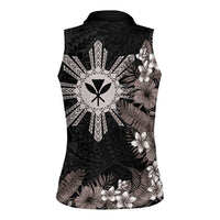 Tropical Hawaii and Philippines Women Sleeveless Polo Shirt Kanaka Maoli and Sun Badge Batok Tattoo Grayscale LT03 - Polynesian Pride