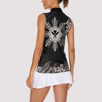 Tropical Hawaii and Philippines Women Sleeveless Polo Shirt Kanaka Maoli and Sun Badge Batok Tattoo Grayscale LT03 - Polynesian Pride