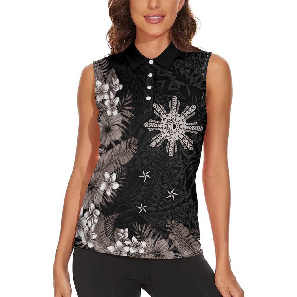 Tropical Hawaii and Philippines Women Sleeveless Polo Shirt Kanaka Maoli and Sun Badge Batok Tattoo Grayscale LT03 - Polynesian Pride