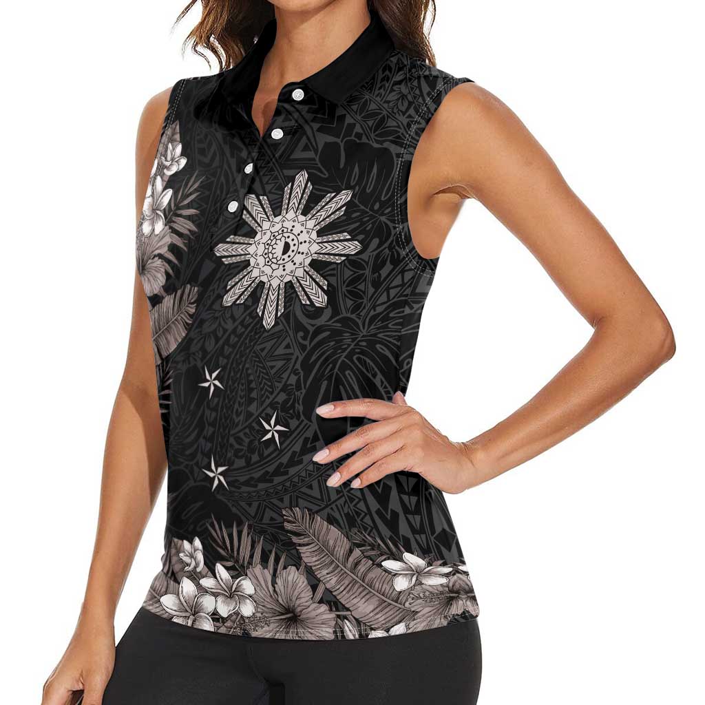 Tropical Hawaii and Philippines Women Sleeveless Polo Shirt Kanaka Maoli and Sun Badge Batok Tattoo Grayscale LT03 - Polynesian Pride
