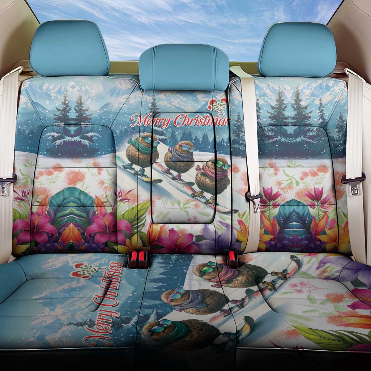 New Zealand Merry Christmas Back Car Seat Cover Kiwi Birds Snow Boarding-Vibrant Tropical Flower LT03 One Size White - Polynesian Pride