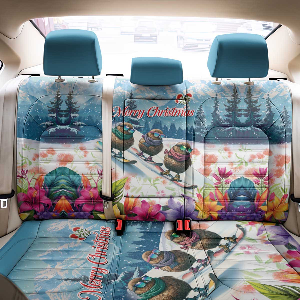 New Zealand Merry Christmas Back Car Seat Cover Kiwi Birds Snow Boarding-Vibrant Tropical Flower LT03 - Polynesian Pride