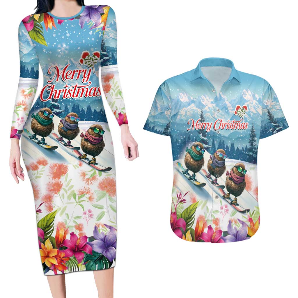 New Zealand Merry Christmas Couples Matching Long Sleeve Bodycon Dress and Hawaiian Shirt Kiwi Birds Snow Boarding-Vibrant Tropical Flower LT03 White - Polynesian Pride