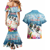 New Zealand Merry Christmas Couples Matching Mermaid Dress and Hawaiian Shirt Kiwi Birds Snow Boarding-Vibrant Tropical Flower LT03 - Polynesian Pride