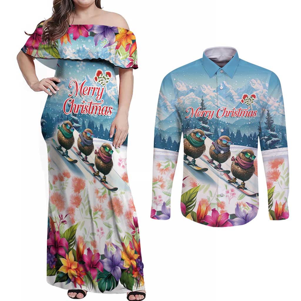 New Zealand Merry Christmas Couples Matching Off Shoulder Maxi Dress and Long Sleeve Button Shirt Kiwi Birds Snow Boarding-Vibrant Tropical Flower LT03 White - Polynesian Pride