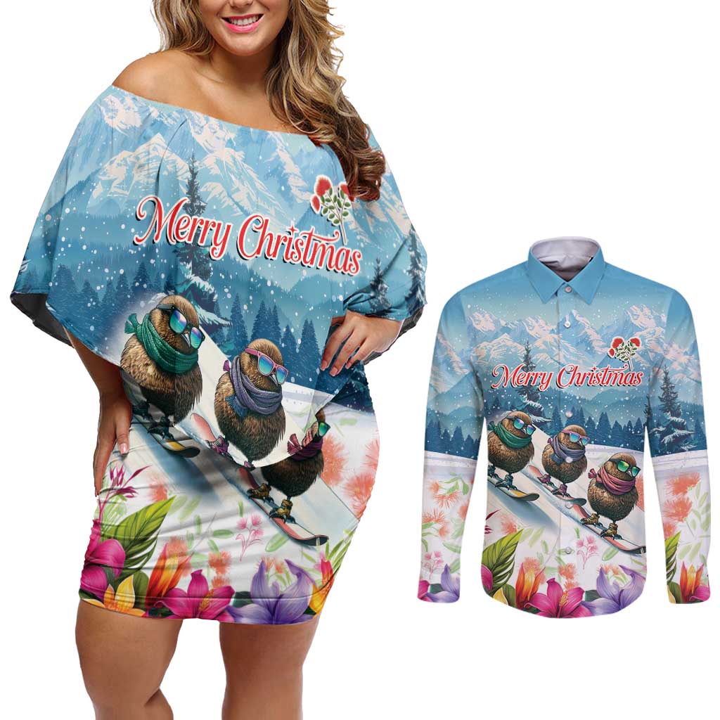 New Zealand Merry Christmas Couples Matching Off Shoulder Short Dress and Long Sleeve Button Shirt Kiwi Birds Snow Boarding-Vibrant Tropical Flower LT03 White - Polynesian Pride