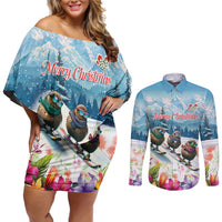 New Zealand Merry Christmas Couples Matching Off Shoulder Short Dress and Long Sleeve Button Shirt Kiwi Birds Snow Boarding-Vibrant Tropical Flower LT03 White - Polynesian Pride