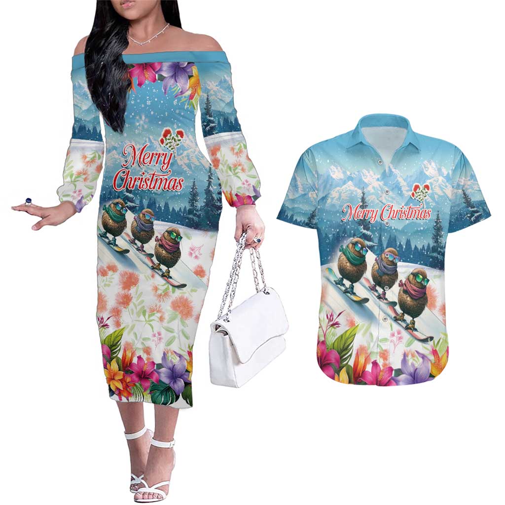 New Zealand Merry Christmas Couples Matching Off The Shoulder Long Sleeve Dress and Hawaiian Shirt Kiwi Birds Snow Boarding-Vibrant Tropical Flower LT03 White - Polynesian Pride
