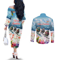 New Zealand Merry Christmas Couples Matching Off The Shoulder Long Sleeve Dress and Long Sleeve Button Shirt Kiwi Birds Snow Boarding-Vibrant Tropical Flower LT03 - Polynesian Pride