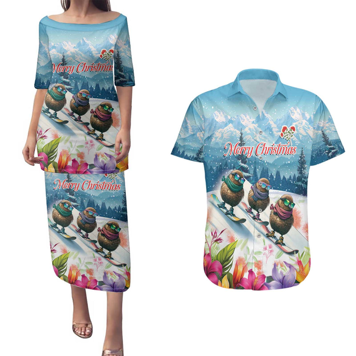 New Zealand Merry Christmas Couples Matching Puletasi and Hawaiian Shirt Kiwi Birds Snow Boarding-Vibrant Tropical Flower LT03 White - Polynesian Pride