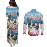 New Zealand Merry Christmas Couples Matching Puletasi and Long Sleeve Button Shirt Kiwi Birds Snow Boarding-Vibrant Tropical Flower LT03 - Polynesian Pride