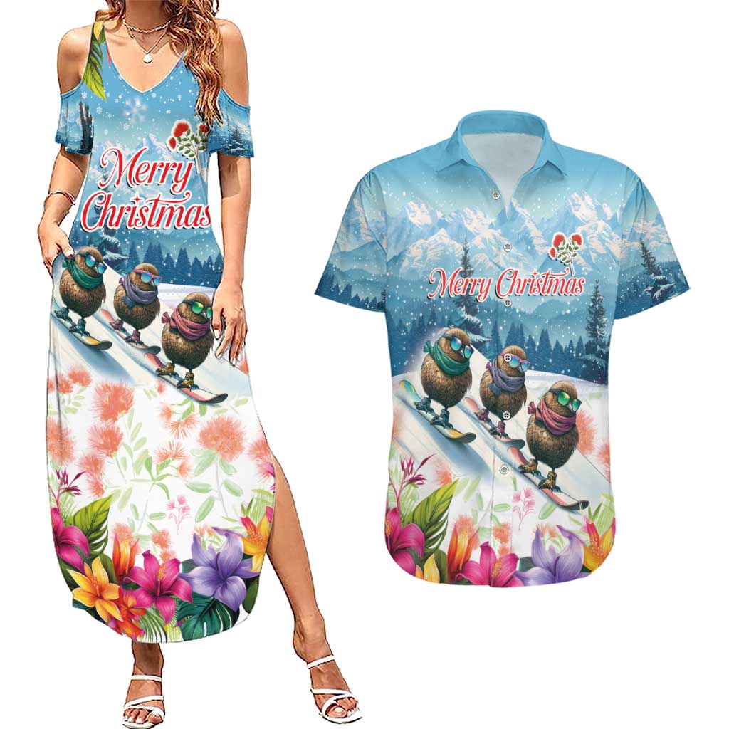 New Zealand Merry Christmas Couples Matching Summer Maxi Dress and Hawaiian Shirt Kiwi Birds Snow Boarding-Vibrant Tropical Flower LT03 White - Polynesian Pride