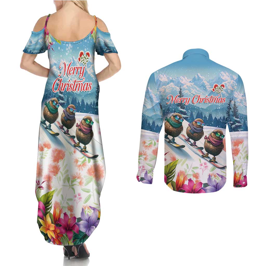 New Zealand Merry Christmas Couples Matching Summer Maxi Dress and Long Sleeve Button Shirt Kiwi Birds Snow Boarding-Vibrant Tropical Flower LT03 - Polynesian Pride