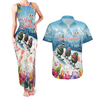 New Zealand Merry Christmas Couples Matching Tank Maxi Dress and Hawaiian Shirt Kiwi Birds Snow Boarding-Vibrant Tropical Flower LT03 White - Polynesian Pride