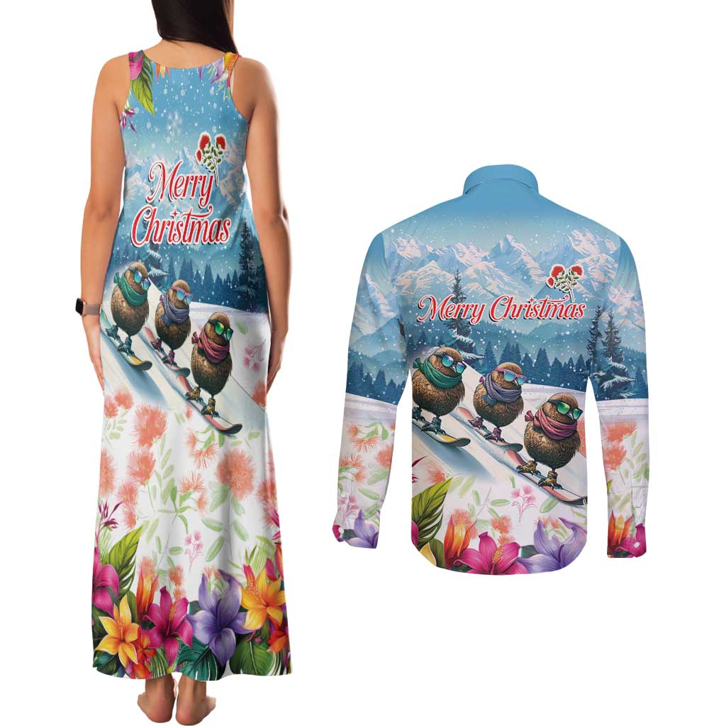New Zealand Merry Christmas Couples Matching Tank Maxi Dress and Long Sleeve Button Shirt Kiwi Birds Snow Boarding-Vibrant Tropical Flower LT03 - Polynesian Pride