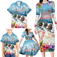 New Zealand Merry Christmas Family Matching Long Sleeve Bodycon Dress and Hawaiian Shirt Kiwi Birds Snow Boarding-Vibrant Tropical Flower LT03 - Polynesian Pride