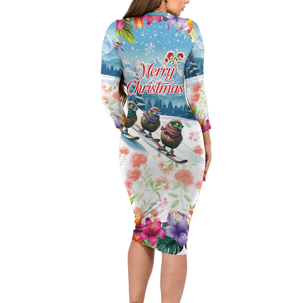 New Zealand Merry Christmas Family Matching Long Sleeve Bodycon Dress and Hawaiian Shirt Kiwi Birds Snow Boarding-Vibrant Tropical Flower LT03 - Polynesian Pride